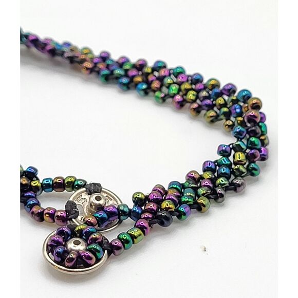 Woven Beaded Oil Spill Bracelet Floral Snap Clasp Closure 6.5in - Picture 2 of 4